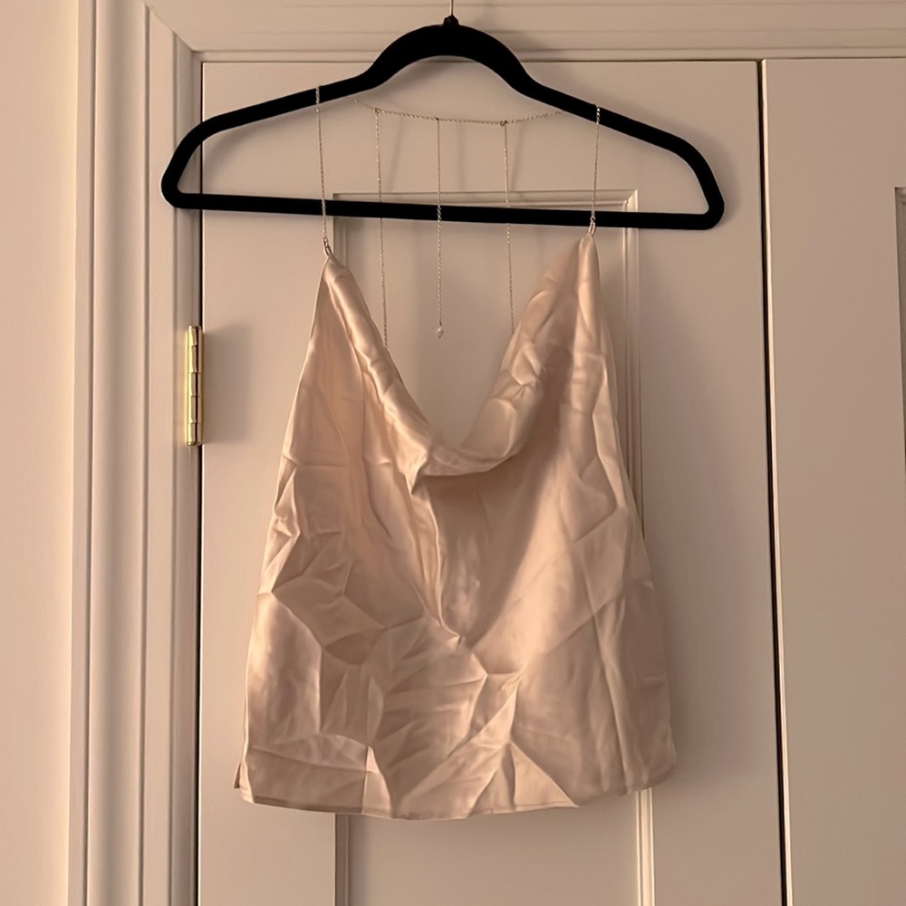 Cami NYC Satin Cowl Neck Tank Top in Light Beige